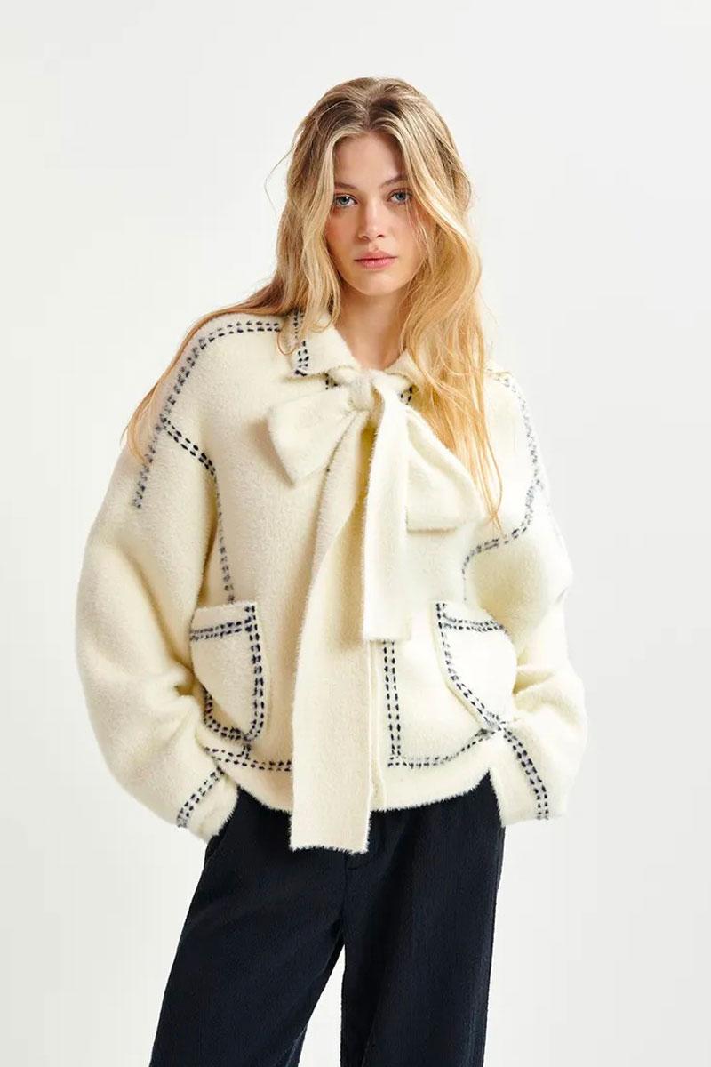 Essentiel Antwerp Cardigan HOOPS with bow - Sour Cream 