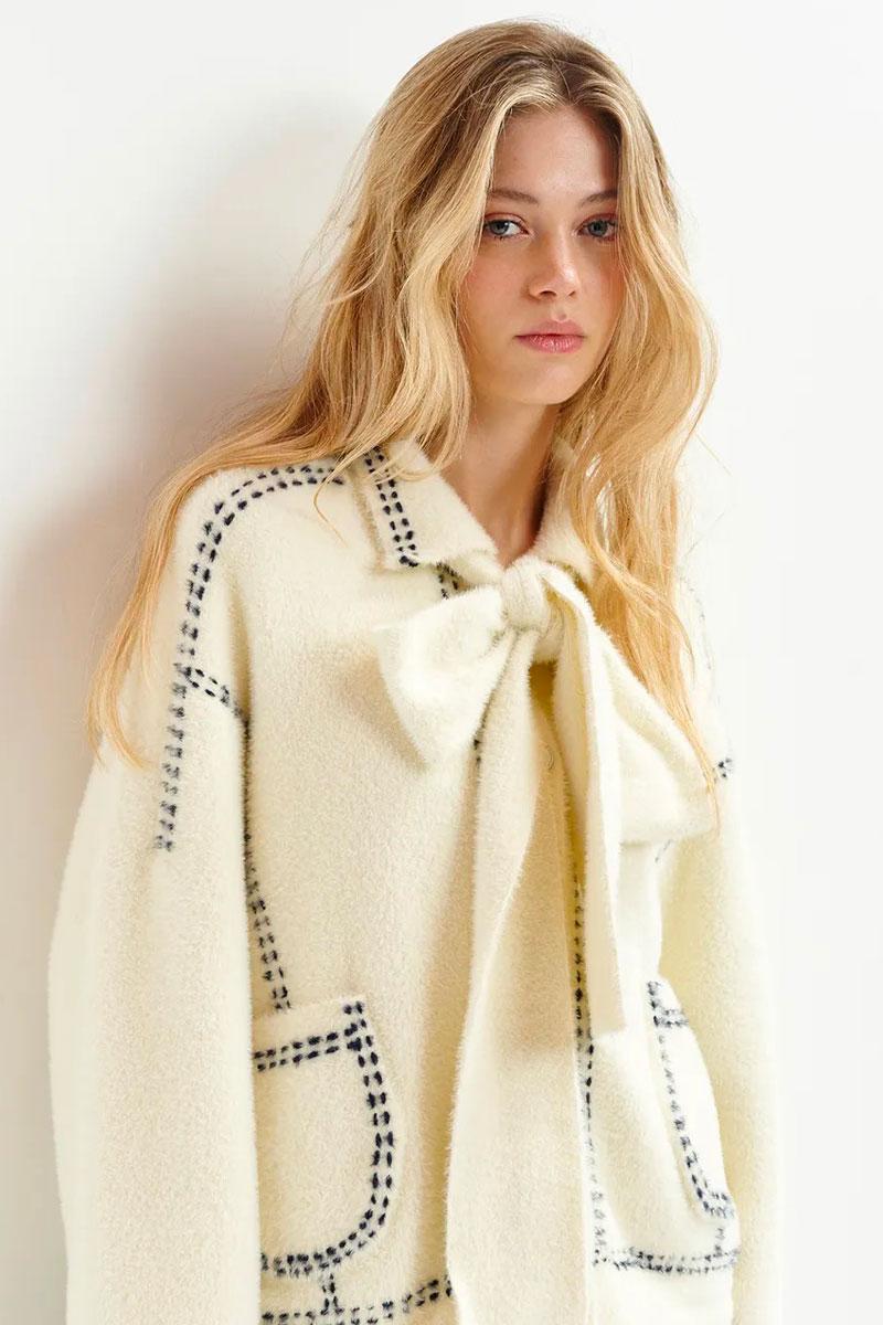 Essentiel Antwerp Cardigan HOOPS with bow - Sour Cream 