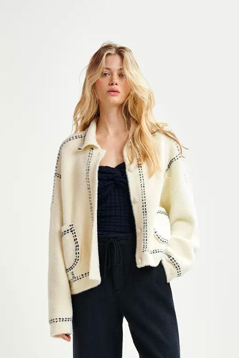 Essentiel Antwerp Cardigan HOOPS with bow - Sour Cream 