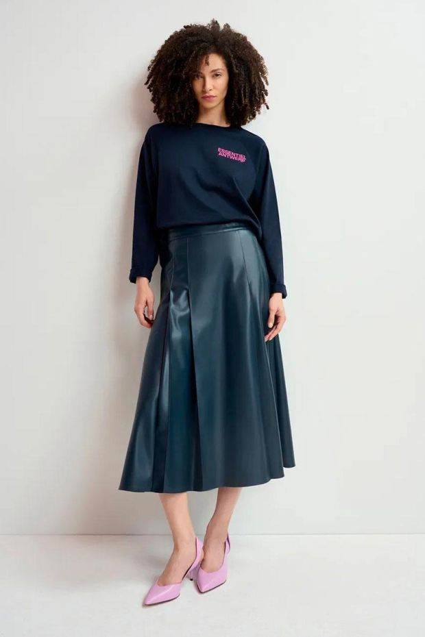 Essentiel Antwerp GEEUW Faux Leather Midi Skirt - Another Blue 